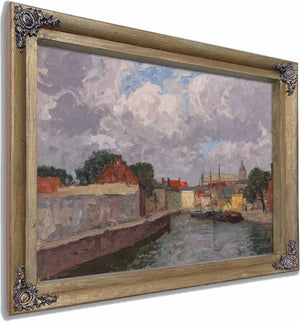 A Canal With Boats Before A Town By Alfred Zoff