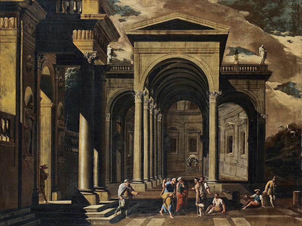 Viviano Codazzi A Capriccio Of The Exterior Of An Elaborate Palace With Saint Peter Healing The Lame By Viviano Codazzi