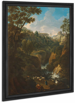 A Capriccio Of Tivoli With A Waterfall And Shepherds By Jan Frans Van Bloemen