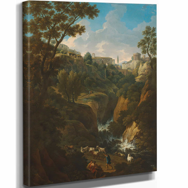 A Capriccio Of Tivoli With A Waterfall And Shepherds By Jan Frans Van Bloemen