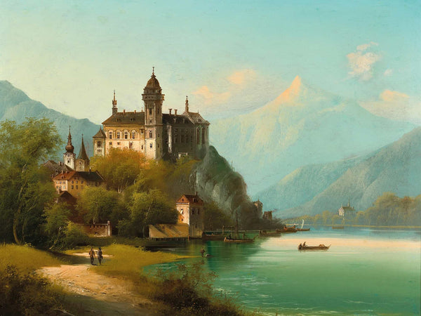 Johann Wilhelm Jankowsky A Castle On A Mountain Lake By Johann Wilhelm Jankowsky