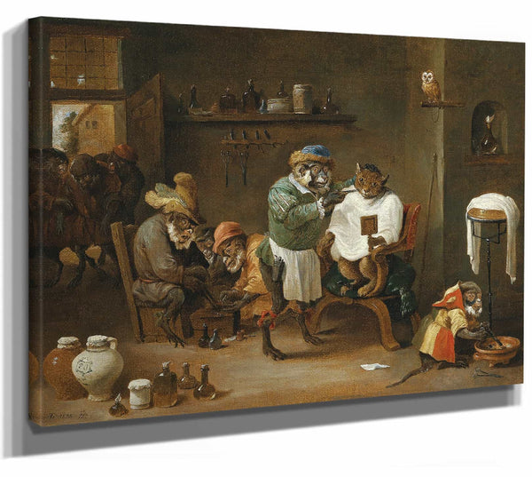 Abraham Teniers A Cat In A Barber Shop Run By Monkeys By Abraham Teniers