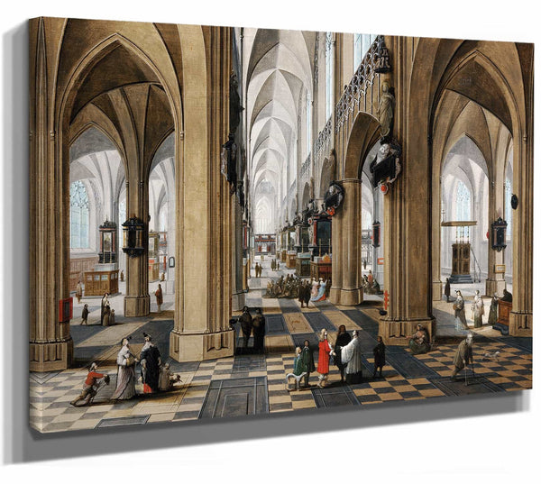 Pieter Neeffs The Elder A Church Interior With Elegant Figures Strolling And Figures Attending Mass By Pieter Neeffs The Elder