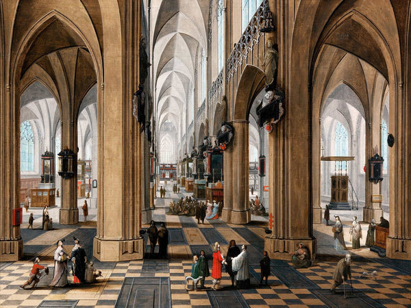 Pieter Neeffs The Elder A Church Interior With Elegant Figures Strolling And Figures Attending Mass By Pieter Neeffs The Elder