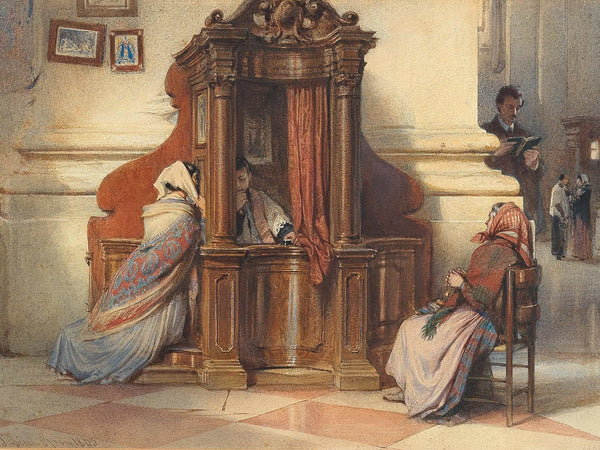 Ludwig Johann Passini A Church Interior With Women At The Confessional By Ludwig Johann Passini