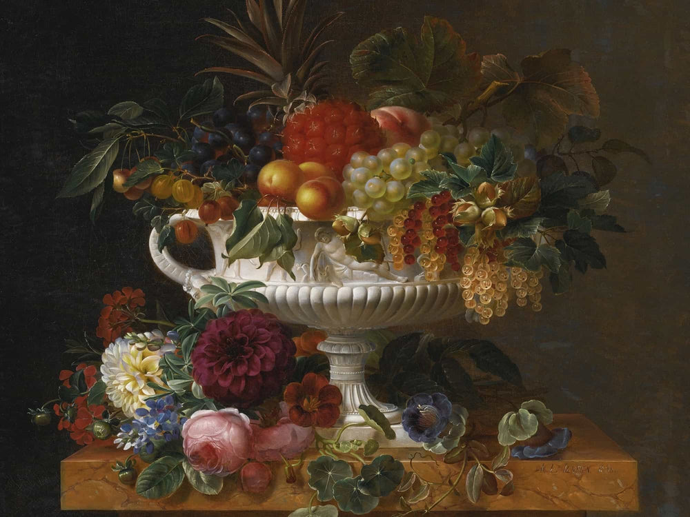 Johan Laurentz Jensen A Classical Urn With Gooseberries Apricots Currents Cherries Peaches And Pineapple Set On A Flower Covered Plinth (1838) By Johan Laurentz Jensen