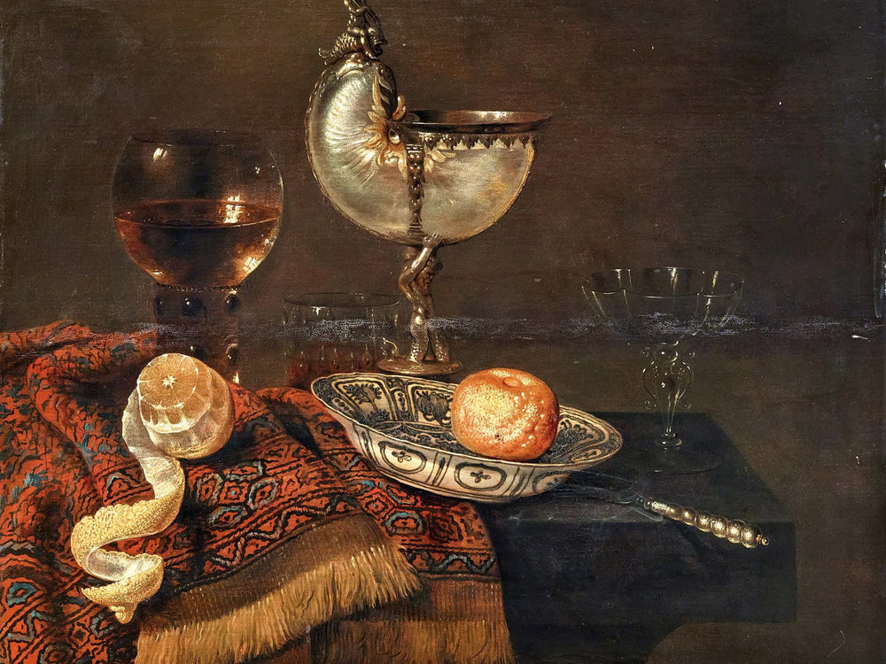 Willem Claesz Heda A Clementine In A Porcelain Bowl A Nautilus Cup A Roemer Two Glasses A Knife A Peeled Lemon On An Ornamental Carpet On A Table By Willem Claesz Heda