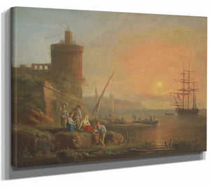 Francesco Fidanza A Coastal Landscape At Sunset With Fisherfolk By The Shore By Francesco Fidanza