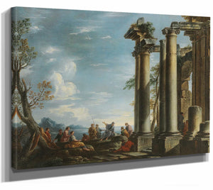 Giovanni Ghisolfi A Coastal Landscape With Figures By A Classical Ruin By Giovanni Ghisolfi