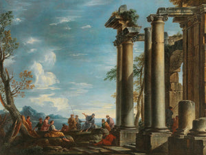 Giovanni Ghisolfi A Coastal Landscape With Figures By A Classical Ruin By Giovanni Ghisolfi