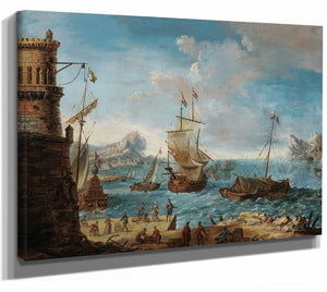 A Coastal Landscape With Figures Conversing On A Harbour And Ships Beyond By Lodovico Mattioli