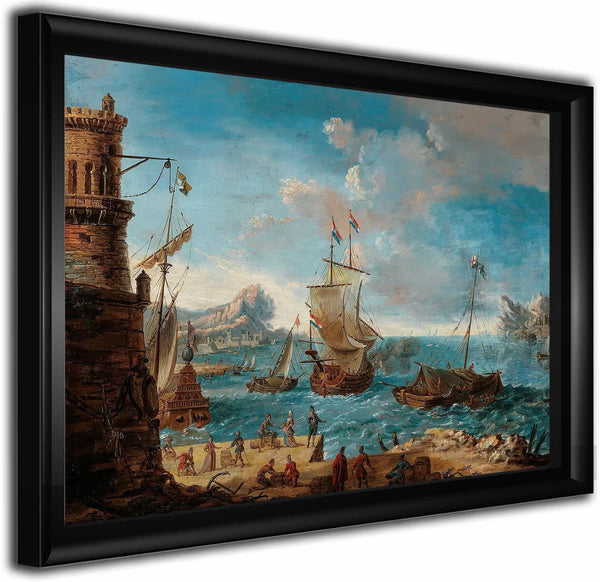 A Coastal Landscape With Figures Conversing On A Harbour And Ships Beyond By Lodovico Mattioli