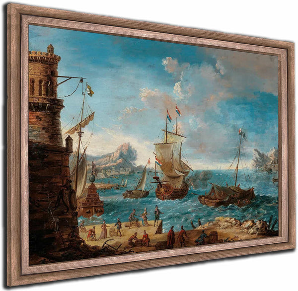 A Coastal Landscape With Figures Conversing On A Harbour And Ships Beyond By Lodovico Mattioli