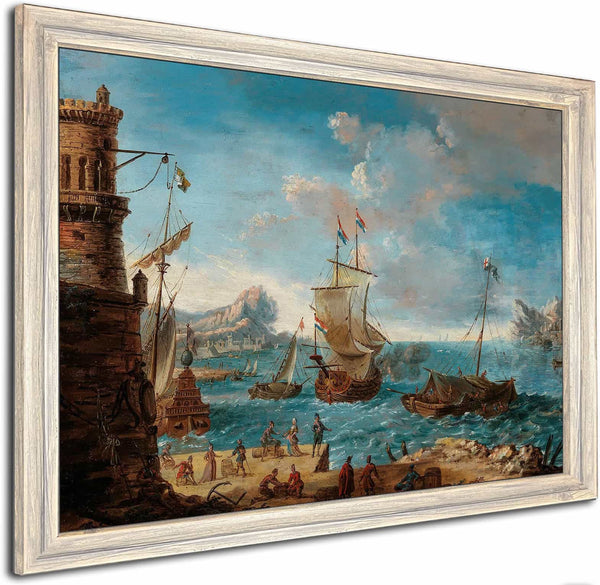 A Coastal Landscape With Figures Conversing On A Harbour And Ships Beyond By Lodovico Mattioli