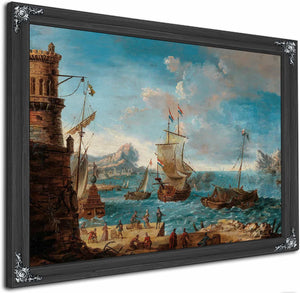 A Coastal Landscape With Figures Conversing On A Harbour And Ships Beyond By Lodovico Mattioli