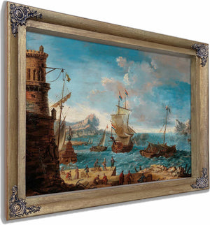 A Coastal Landscape With Figures Conversing On A Harbour And Ships Beyond By Lodovico Mattioli