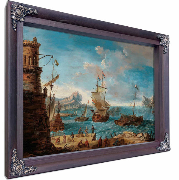 A Coastal Landscape With Figures Conversing On A Harbour And Ships Beyond By Lodovico Mattioli