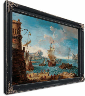 A Coastal Landscape With Figures Conversing On A Harbour And Ships Beyond By Lodovico Mattioli