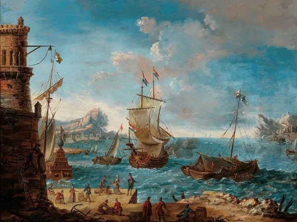 Lodovico Mattioli A Coastal Landscape With Figures Conversing On A Harbour And Ships Beyond By Lodovico Mattioli