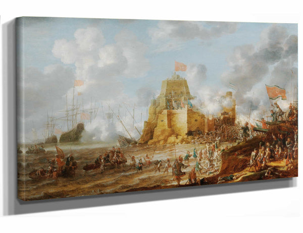 Bonaventura Peeters The Elder 18" x 12" / Stretched Canvas Wrap A Coastal Landscape With Turkish Soldiers Attacking A Christian Fortress By Bonaventura Peeters The Elder