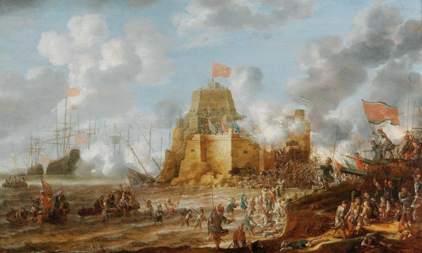 Bonaventura Peeters The Elder 18" x 12" / Unframed Paper A Coastal Landscape With Turkish Soldiers Attacking A Christian Fortress By Bonaventura Peeters The Elder