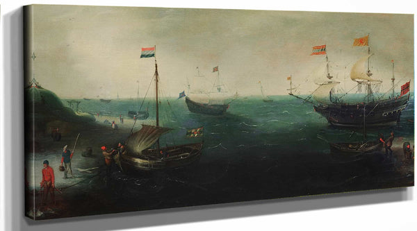 Cornelis Claesz Van Wieringen A Coastline With Ships And Figures On The Shore By Cornelis Claesz Van Wieringen