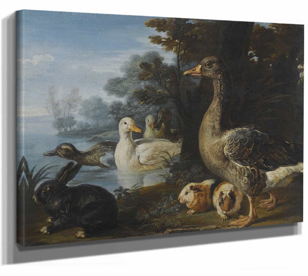 A Cockerel Hens Doves And A Parrot In A Formal Garden Setting By David De Coninck