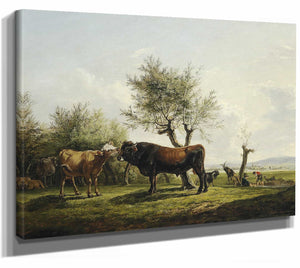 Friedrich August Matthias Gauermann 14" x 11" / Stretched Canvas Wrap A Cow Licking A Bull In The Pasture By Friedrich August Matthias Gauermann