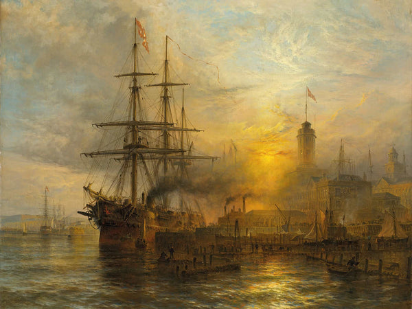 Henry Thomas Dawson A Danish Steamer Moored Alongside A Busy Dock By Henry Thomas Dawson