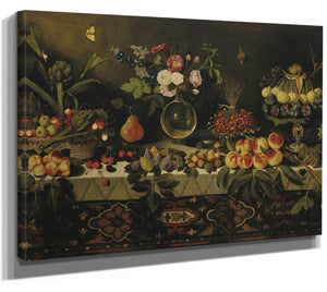 Master Of The Hartford Still Life 14" x 11" / Stretched Canvas Wrap A Draped Table Laden With Fruit And Flowers In A Glass Vase By Master Of The Hartford Still Life