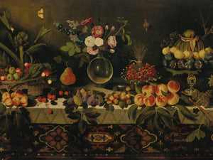 Master Of The Hartford Still Life A Draped Table Laden With Fruit And Flowers In A Glass Vase By Master Of The Hartford Still Life