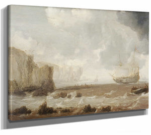 A Dutch Battleship And Sailing Boats In Choppy Seas Near A Rocky Coast By Bonaventura Peeters The Elder