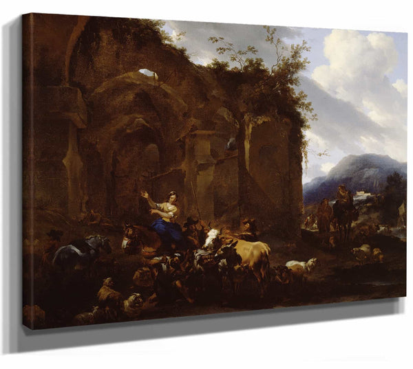 Nicolaes Pietersz Berchem A Farrier And Peasants Near Roman Ruins By Nicolaes Pietersz Berchem