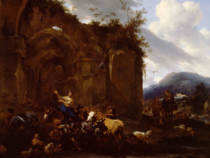 Nicolaes Pietersz Berchem A Farrier And Peasants Near Roman Ruins By Nicolaes Pietersz Berchem