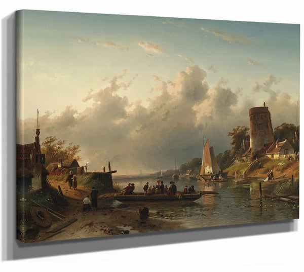 A Ferry Crossing A River In The Evening By Charles Leickert