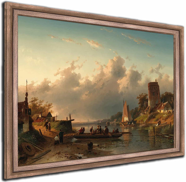 A Ferry Crossing A River In The Evening By Charles Leickert