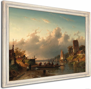 A Ferry Crossing A River In The Evening By Charles Leickert