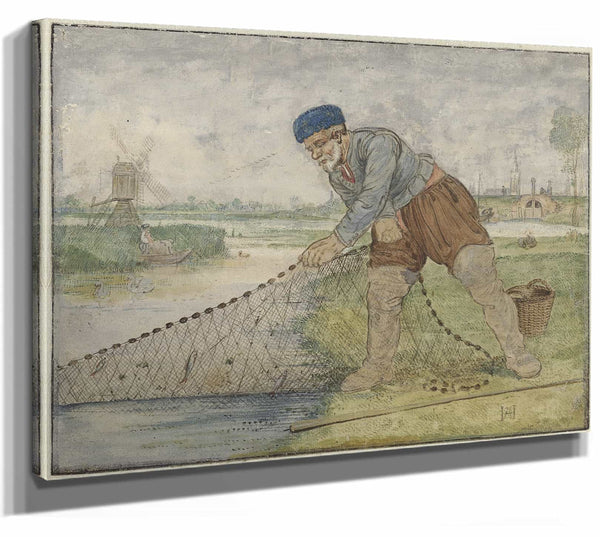 Hendrick Avercamp 14" x 11" / Stretched Canvas Wrap A Fisherman Hauling In His Net By Hendrick Avercamp