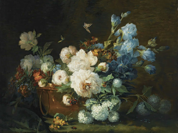 Marie Beloux Hodieux A Flower Still Life With Peonies Irises Hydrangea In A Copper Kettle A Beetle And Butterflies (1895) By Marie Beloux Hodieux