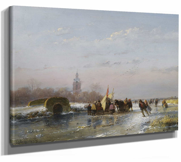 Andreas Schelfhout 14" x 11" / Stretched Canvas Wrap A Frozen Waterway With Skaters By A Refreshment Stall By Andreas Schelfhout