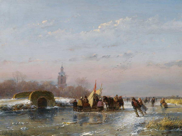 Andreas Schelfhout A Frozen Waterway With Skaters By A Refreshment Stall By Andreas Schelfhout