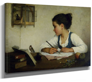 The Pet Goldfinch A Girl Writing By  The Pet Goldfinch By Henriette Browne