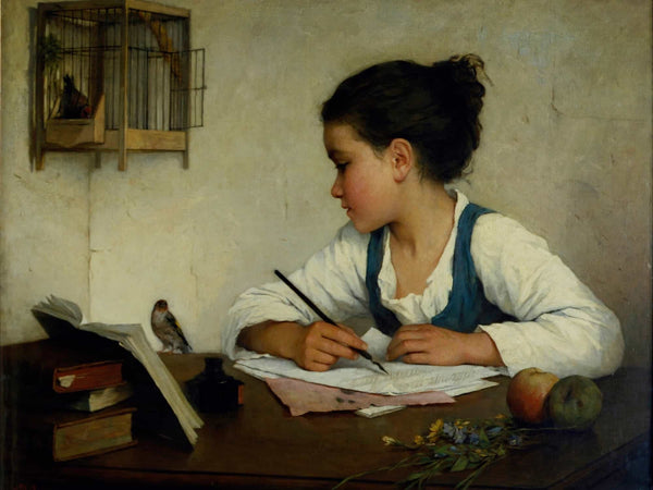 The Pet Goldfinch A Girl Writing By  The Pet Goldfinch By Henriette Browne