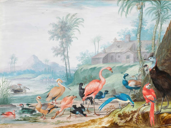 Johannes Bronckhorst A Group Of Exotic Birds In A Landscape Beneath Palm Trees A Building And Mountains Beyond By Johannes Bronckhorst