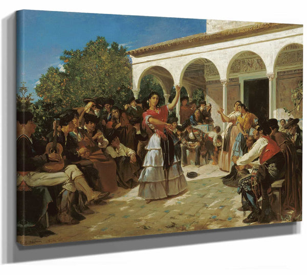 Alfred Dehodencq 14" x 11" / Stretched Canvas Wrap A Gypsy Dance In The Gardens Of The Alcazar In Front Of Charles V Pavilion By Alfred Dehodencq