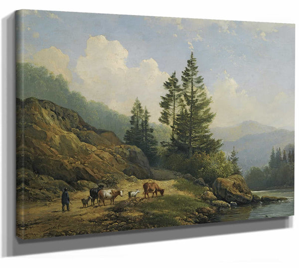 Hendrikus Van De Sande Bakhuyzen 14" x 11" / Stretched Canvas Wrap A Herd With Cattle In A Mountainous Landscape By Hendrikus Van De Sande Bakhuyzen