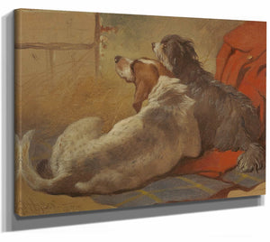 John Frederick Herring Snr 14" x 11" / Stretched Canvas Wrap A Hound And A Bearded Collie Seated On A Hunting Coat By John Frederick Herring Snr