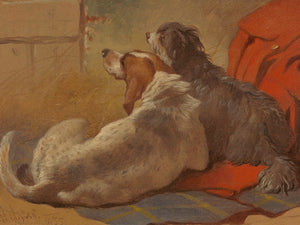 John Frederick Herring Snr A Hound And A Bearded Collie Seated On A Hunting Coat By John Frederick Herring Snr