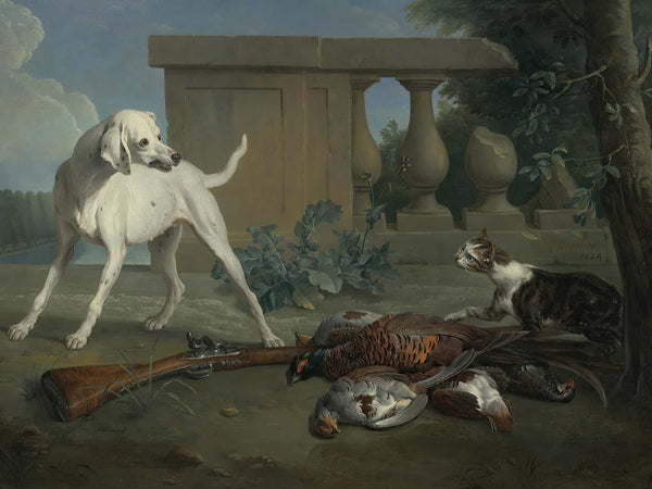 Alexandre Francois Desportes A Hound Protecting A Bag Of Game From A Cat By Alexandre Francois Desportes