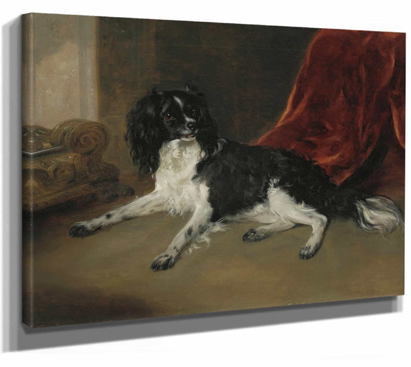 Richard Ramsay Reinagle 14" x 11" / Stretched Canvas Wrap A King Charles Spaniel By A Fireplace By Richard Ramsay Reinagle